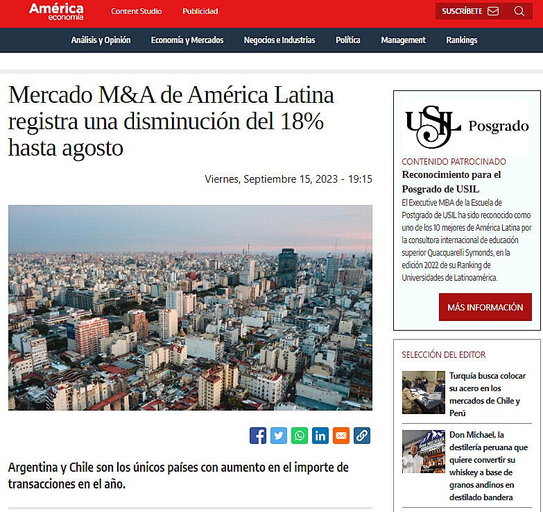 Mercado M&A de Amrica Latina registra una disminucin del 18% hasta agosto